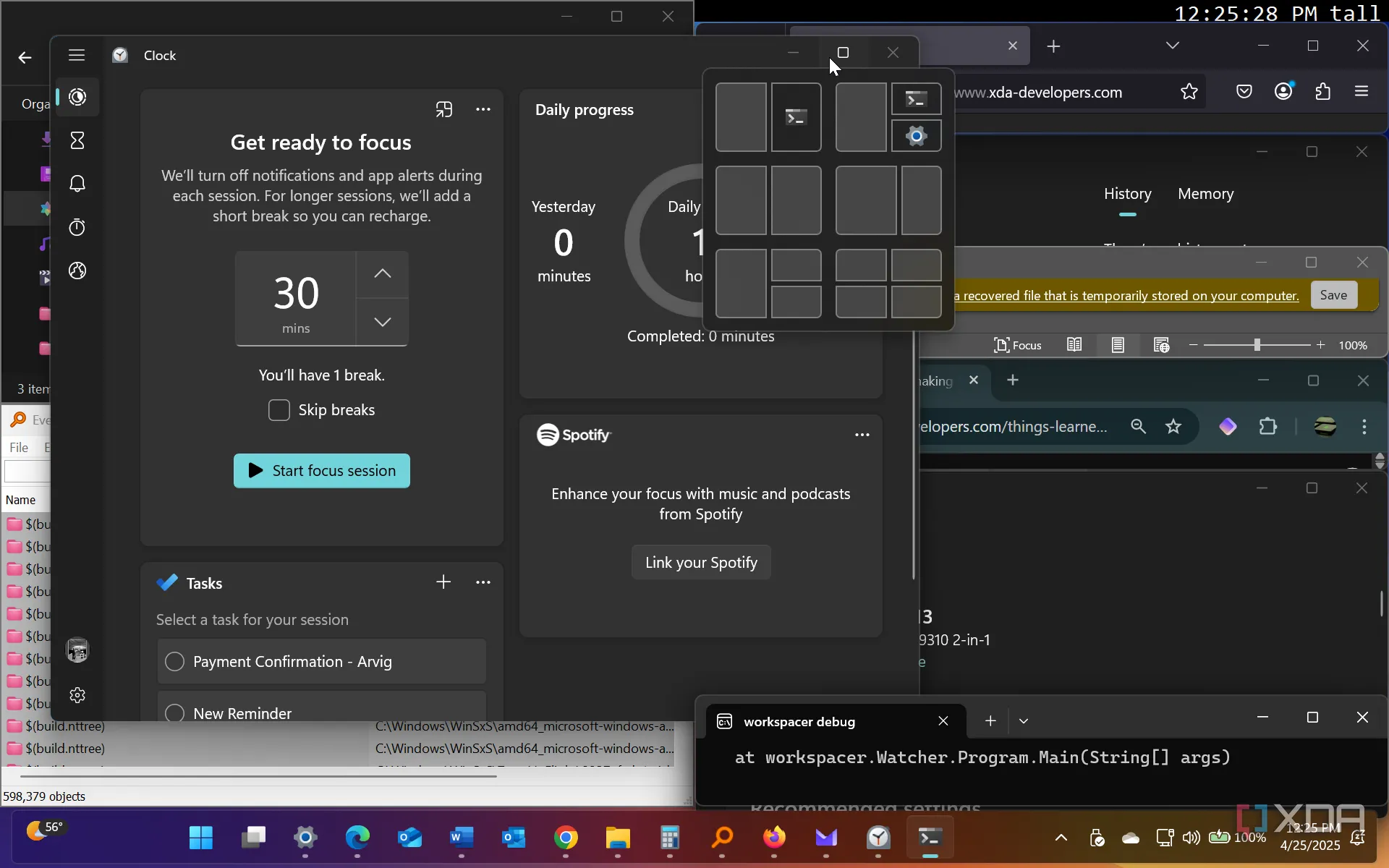 Giao diện ứng dụng Workspacer đang sắp xếp cửa sổ trên hệ điều hành Windows 11