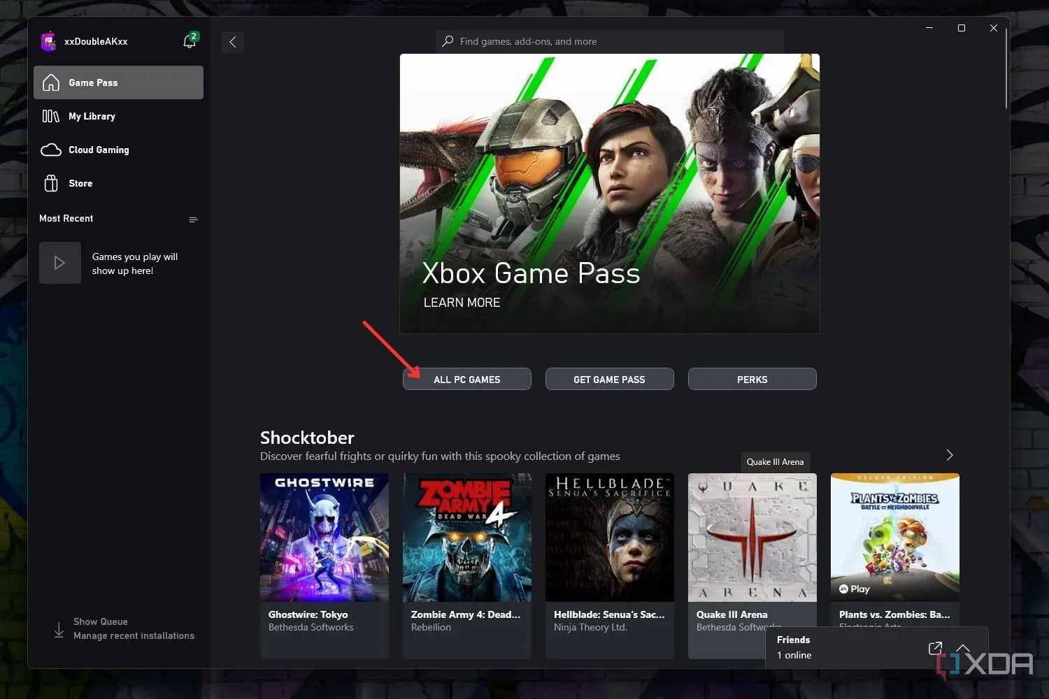 Giao diện ứng dụng Xbox trên Windows, nổi bật tùy chọn &quot;All PC Games&quot; trong Xbox Game Pass.