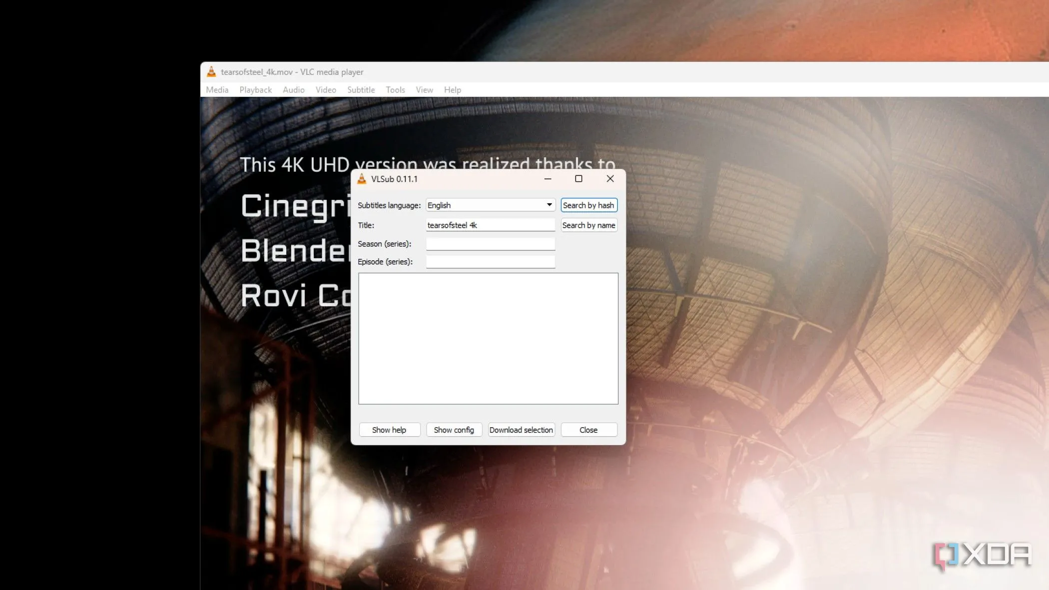 Giao diện VLC Media Player với công cụ VLsub đang tìm kiếm phụ đề