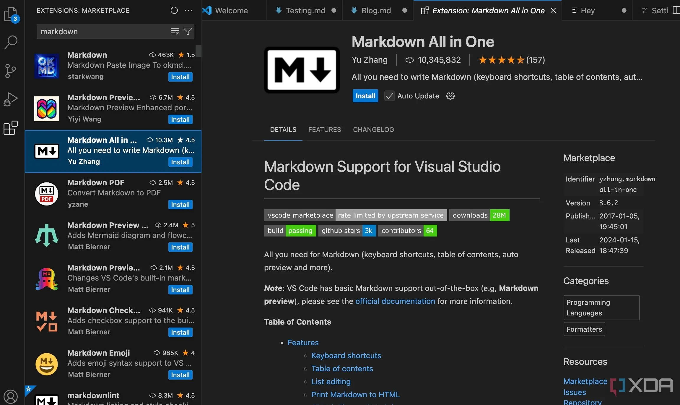 Giao diện VS Code hiển thị tiện ích mở rộng Markdown và khả năng lập trình hiệu quả