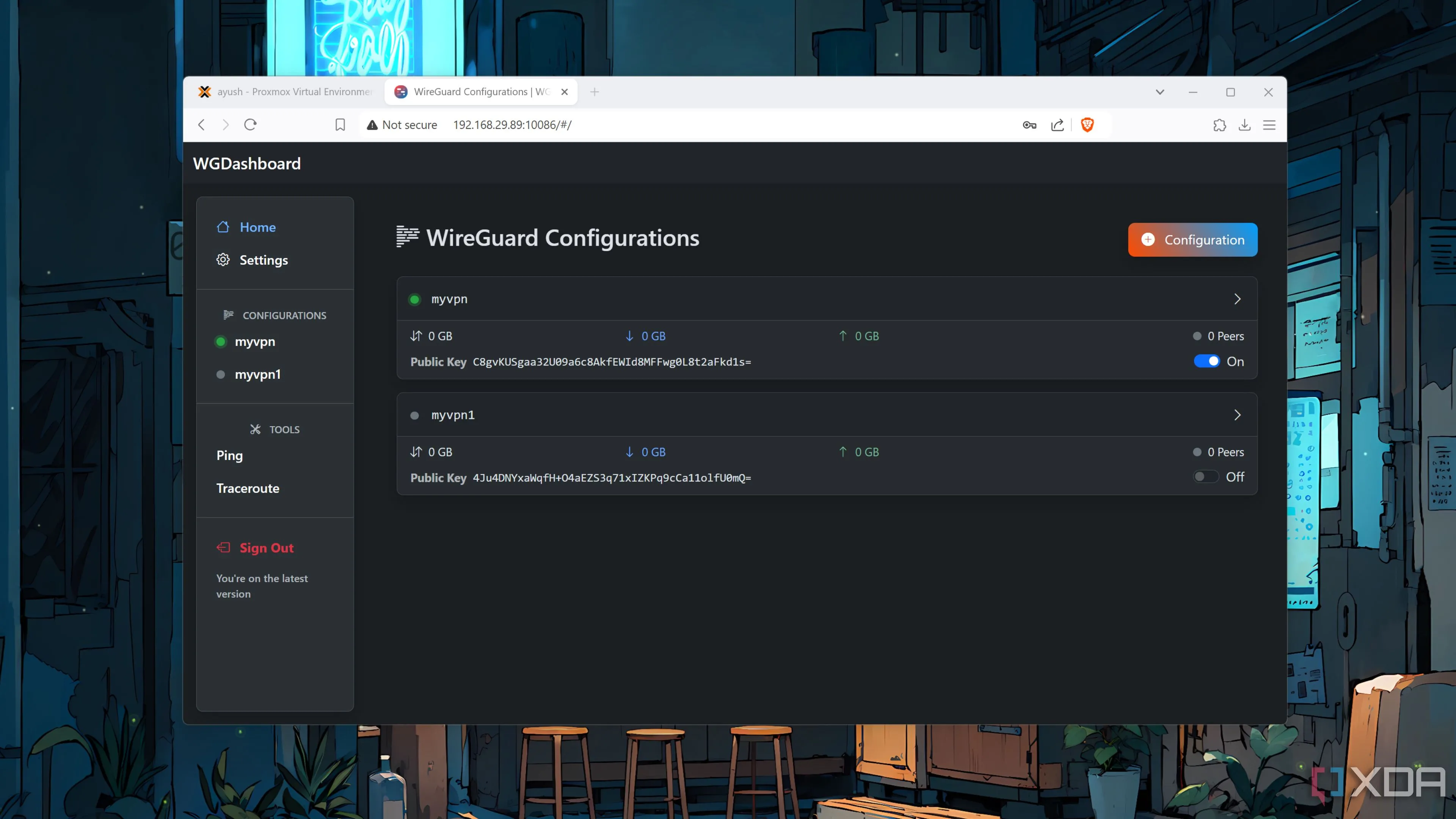 Giao diện WGDashboard với hai đường hầm VPN WireGuard đã cấu hình để truy cập Proxmox từ xa