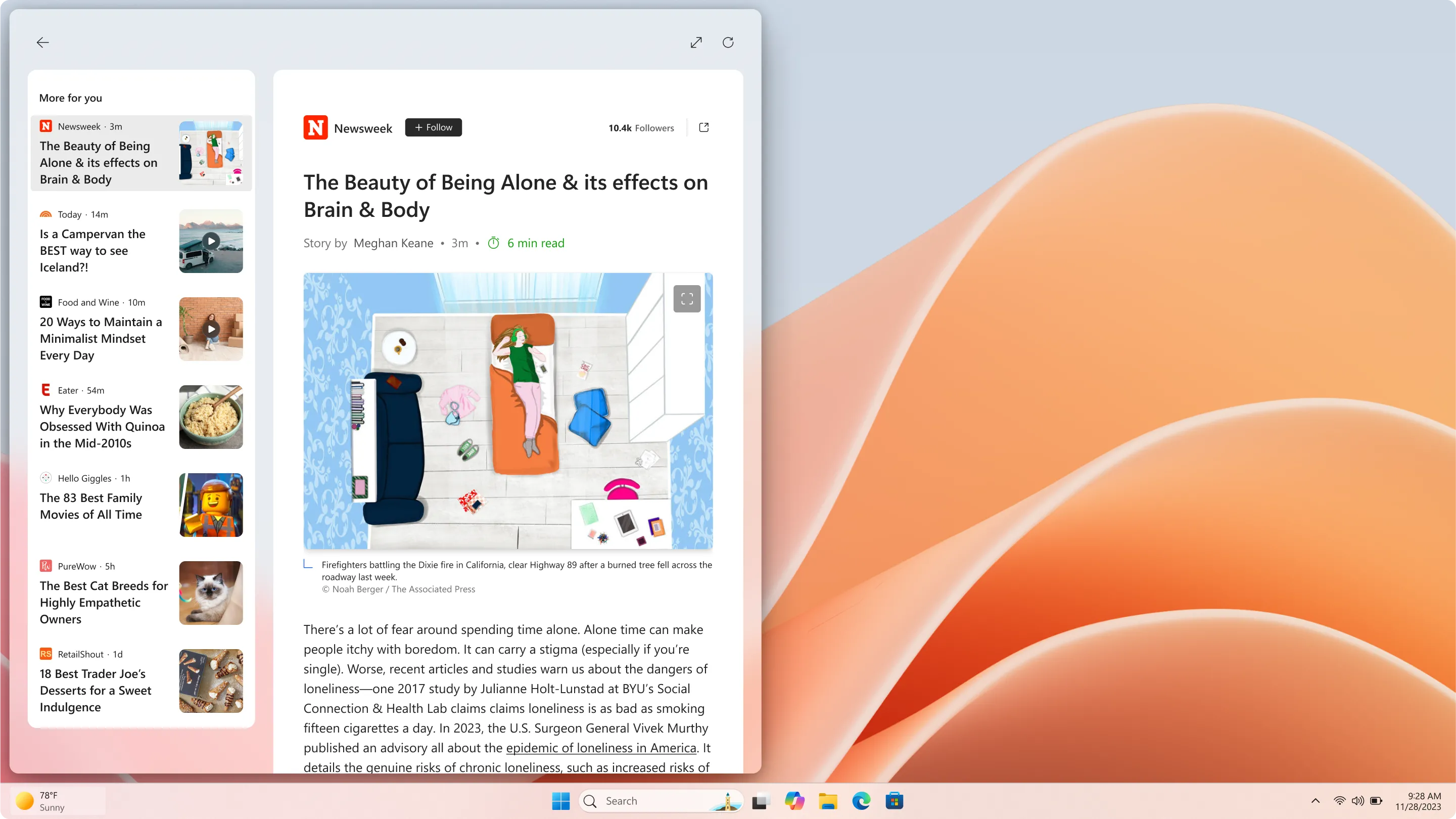 Giao diện Widgets trên Windows 11 hiển thị tin tức MSN cho phép đọc trực tiếp không cần trình duyệt