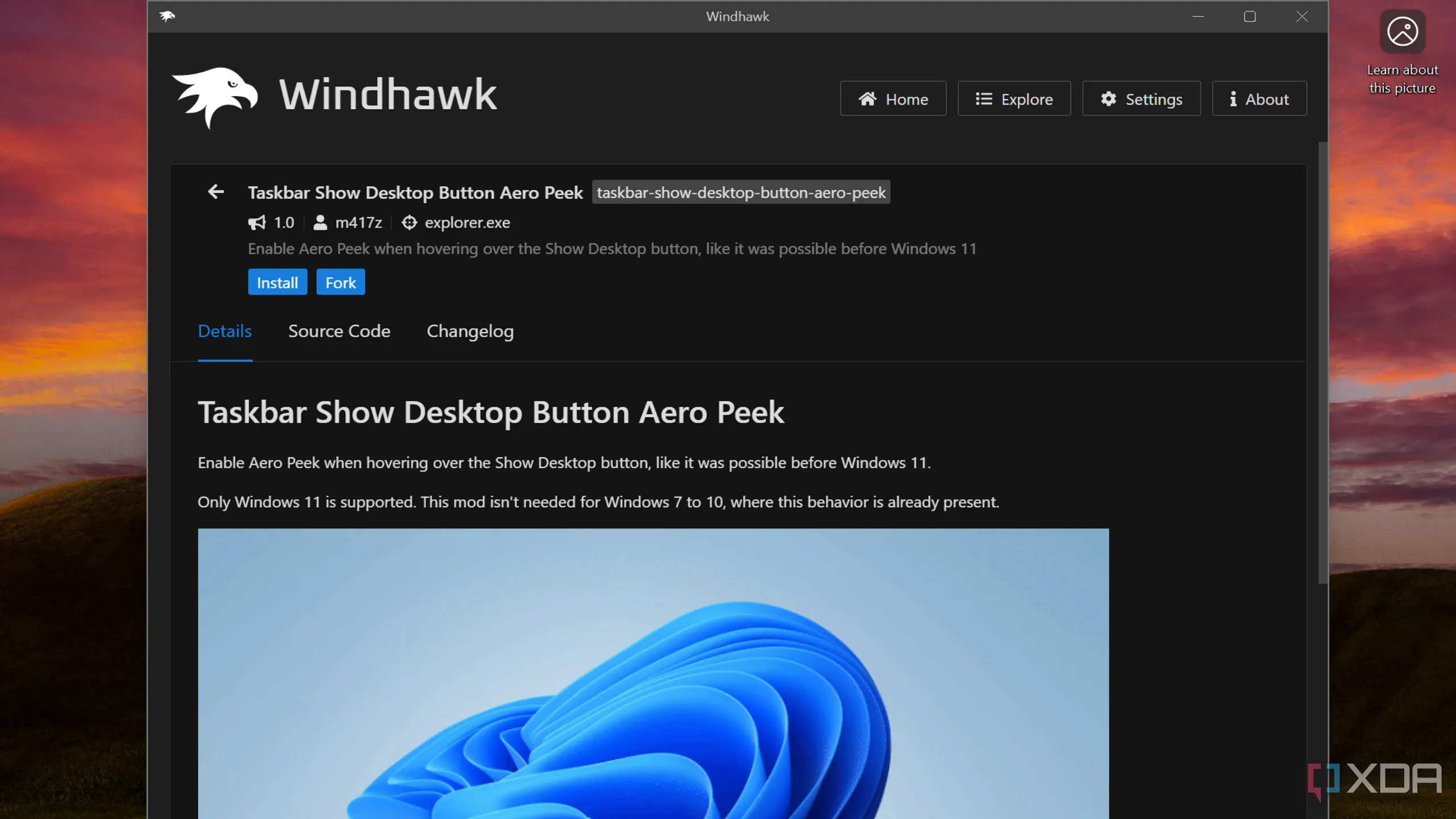 Giao diện Windhawk mod khôi phục tính năng hiện desktop khi di chuột trên Windows 11