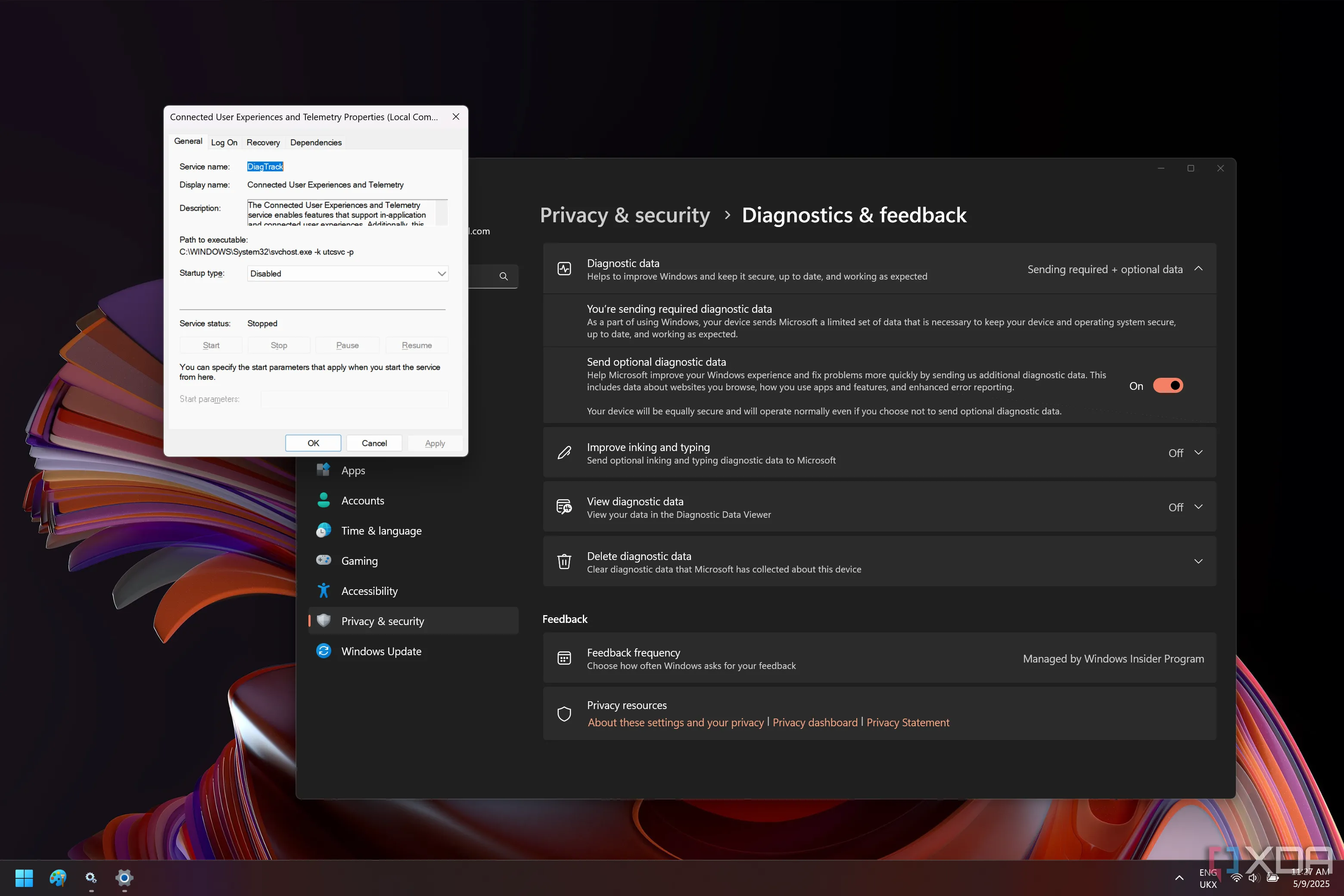 Giao diện Windows 11 cho thấy dịch vụ Connected User Experiences and Telemetry đã tắt và trang cài đặt Chẩn đoán và phản hồi, minh họa cách kiểm soát thu thập dữ liệu trên Windows.