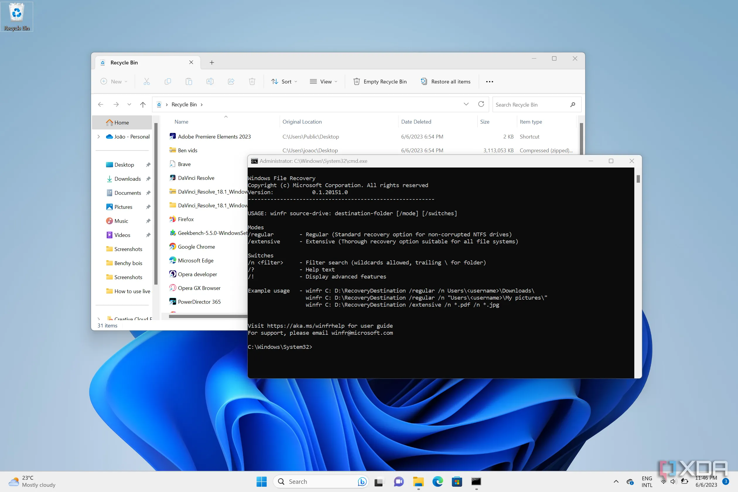 Giao diện Windows 11 hiển thị cửa sổ ứng dụng Windows File Recovery và Thùng rác