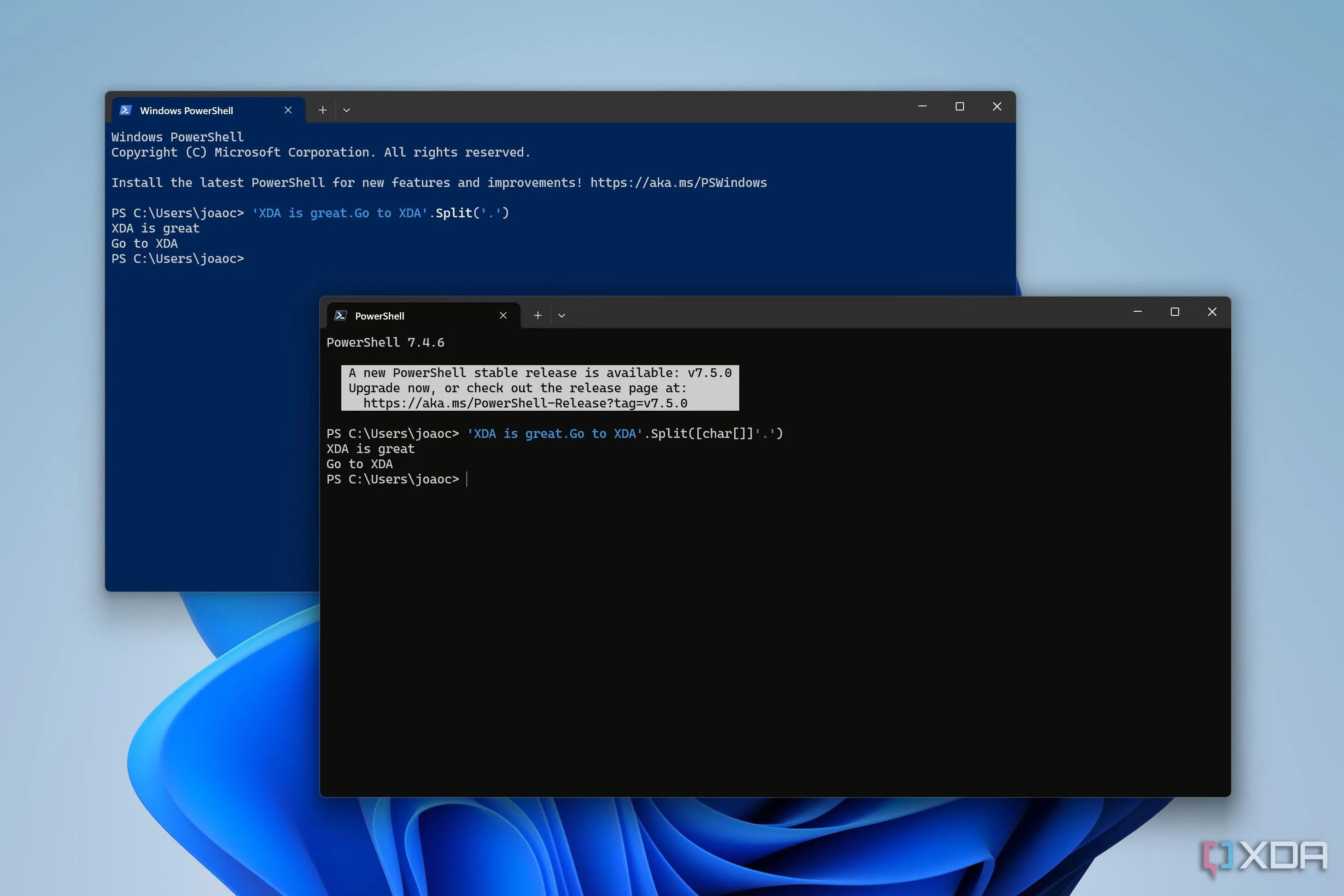 Giao diện Windows PowerShell và PowerShell chạy song song trong các tab riêng biệt của Windows Terminal.