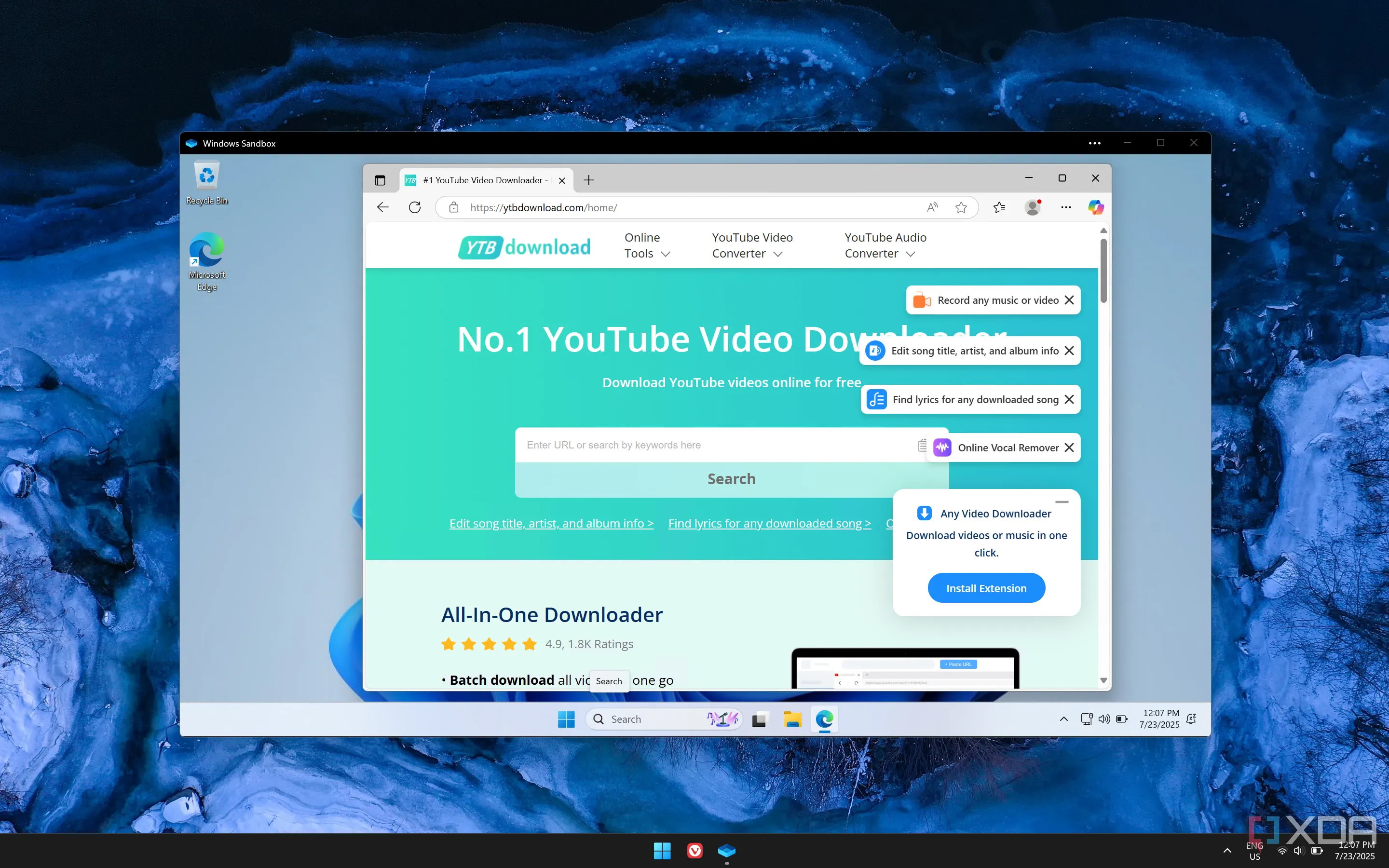 Giao diện Windows Sandbox đang hiển thị một trang web có thể không an toàn, minh họa khả năng kiểm tra rủi ro trong môi trường cách ly.