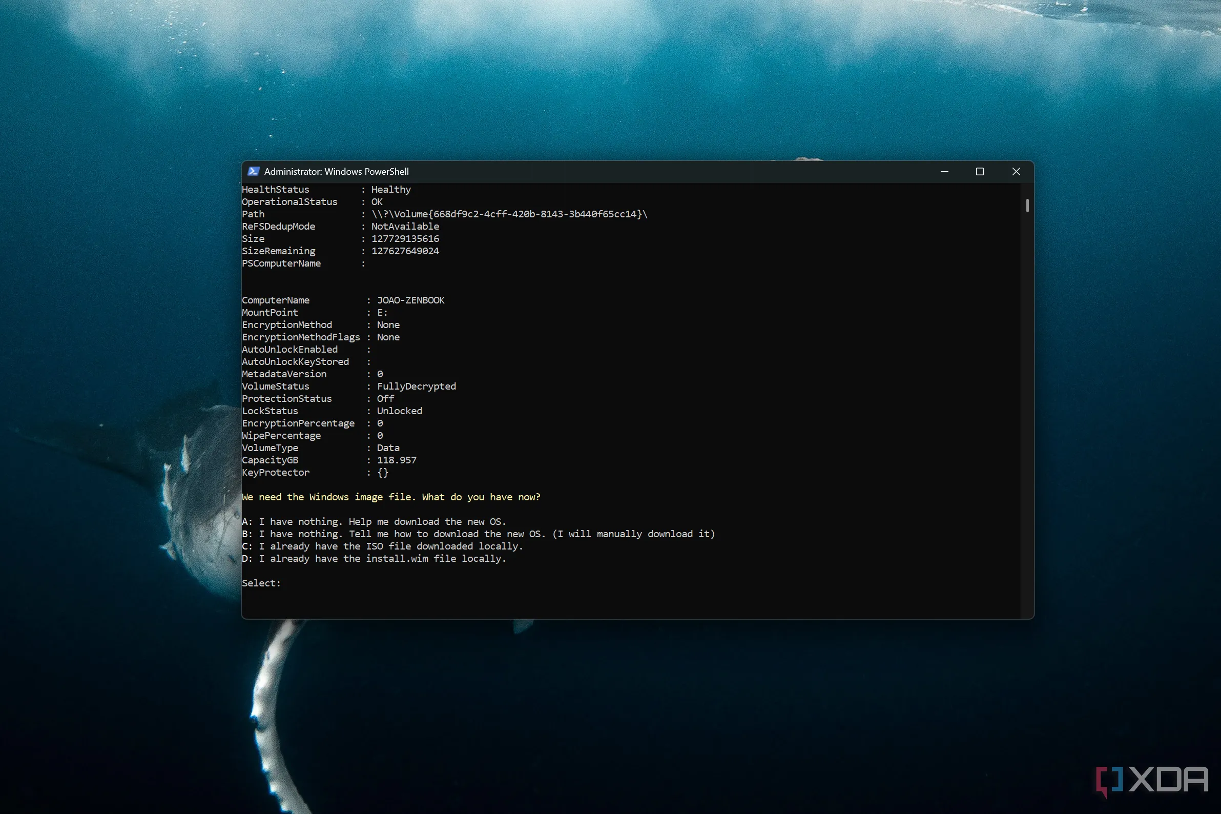 Giao diện Windows Terminal hiển thị lệnh PowerShell để cài đặt lại Windows trên ổ đĩa mới