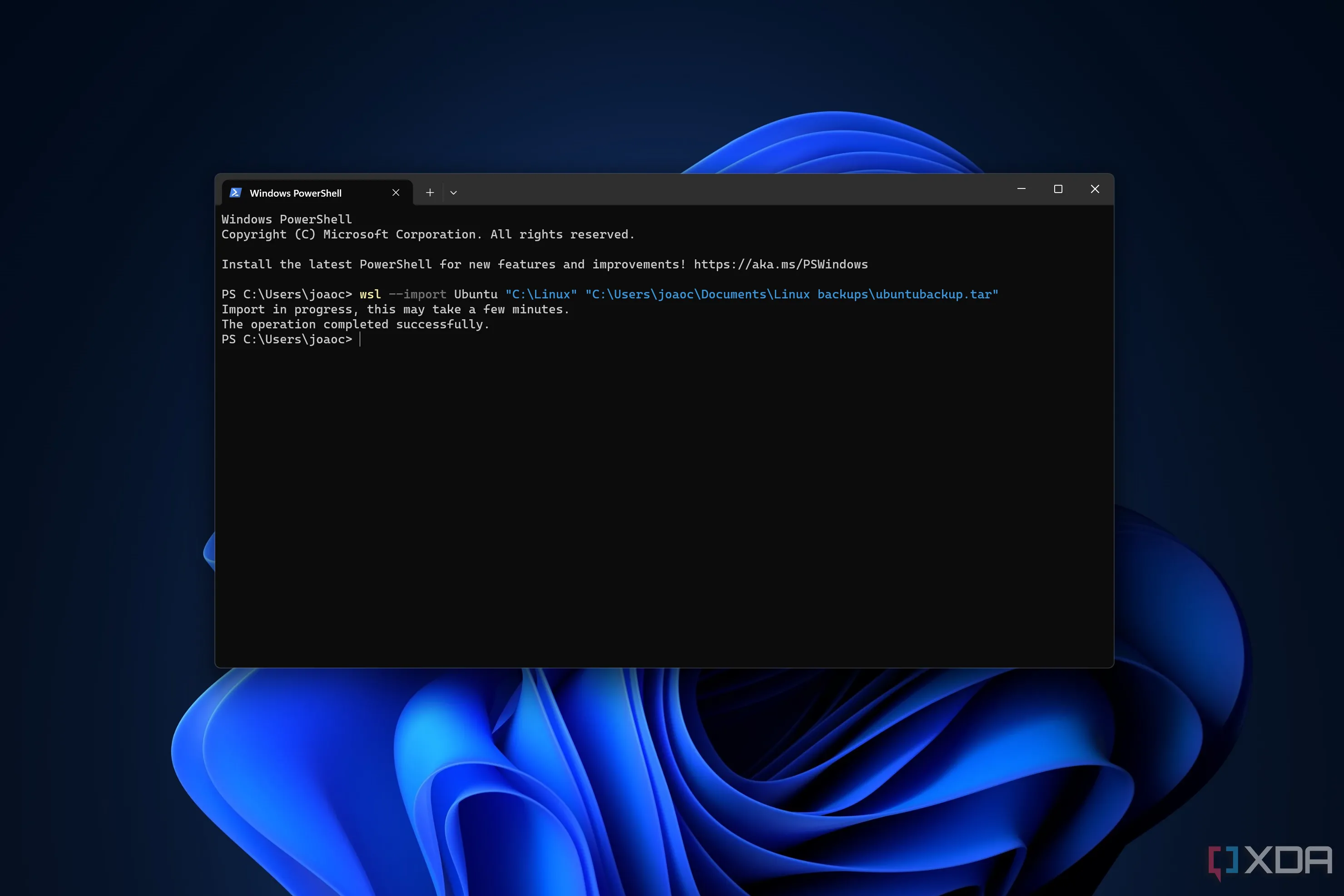 Giao diện Windows Terminal hiển thị quá trình nhập bản sao lưu WSL, minh họa sức mạnh của Linux terminal