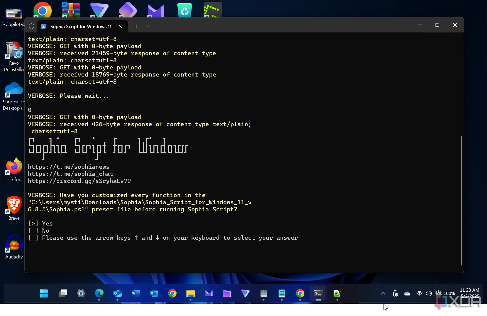 Giao diện Windows Terminal hiển thị Sophia Script đang được khởi chạy, sẵn sàng cho người dùng tùy chỉnh cài đặt Windows