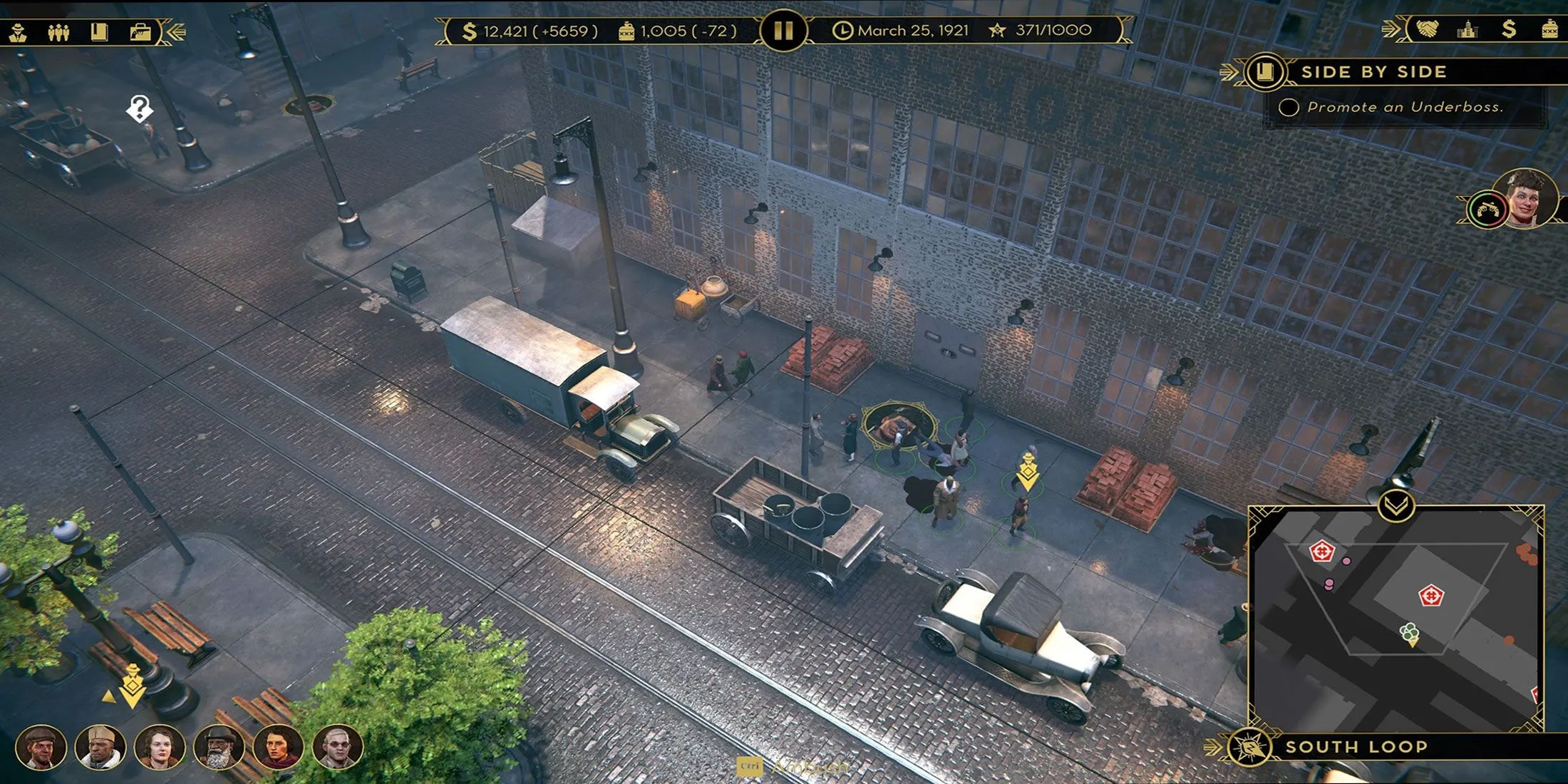 Góc nhìn gameplay của Empire of Sin từ trên cao xuống một con phố thành phố