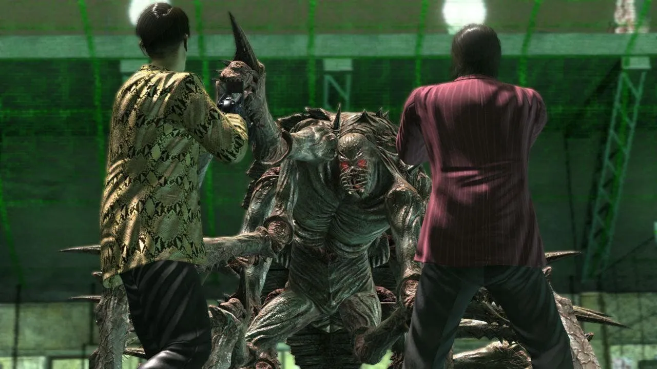 Goro Majima cầm súng bắn zombie trong Yakuza: Dead Souls, thể hiện sự pha trộn giữa hành động và kinh dị