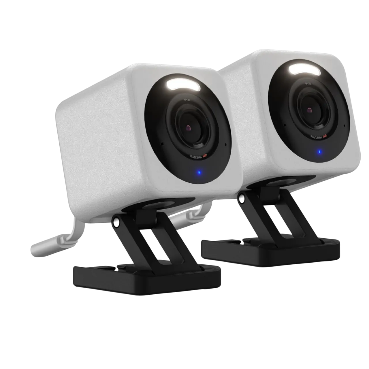 Hai camera an ninh Wyze Cam v4 màu trắng nổi bật với ống kính đen trên nền xám, thể hiện khả năng giám sát thông minh cho gia đình và văn phòng.