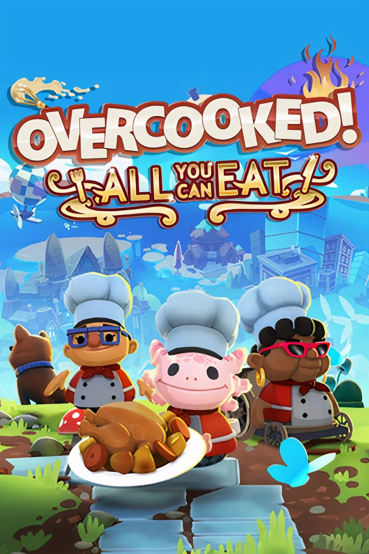 Hai đầu bếp đang hợp tác chuẩn bị món ăn trong trò chơi Overcooked: All You Can Eat.