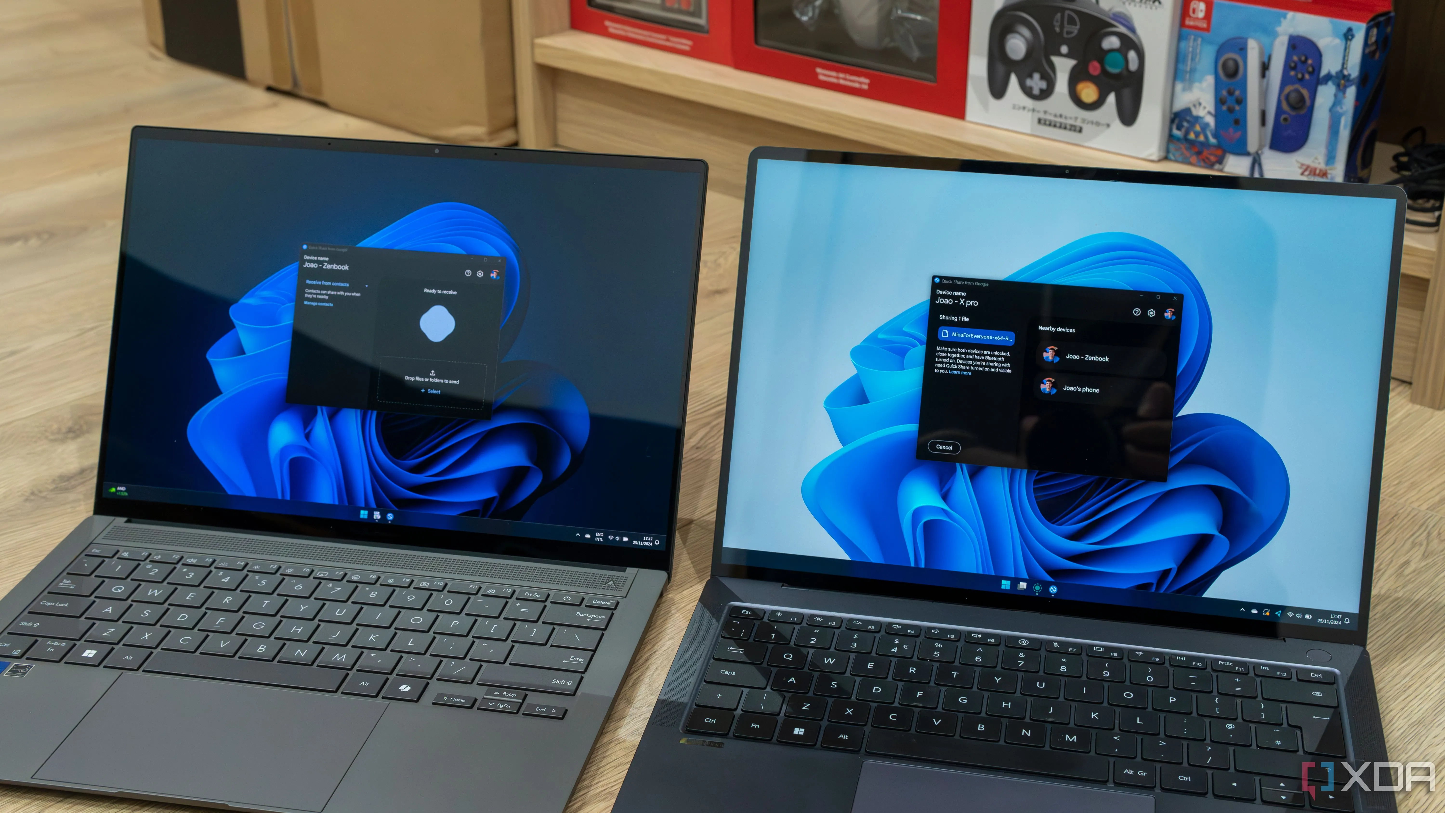 Hai laptop Windows 11 đặt cạnh nhau, minh họa việc chia sẻ file cục bộ, gợi ý tính năng của AirDroid.