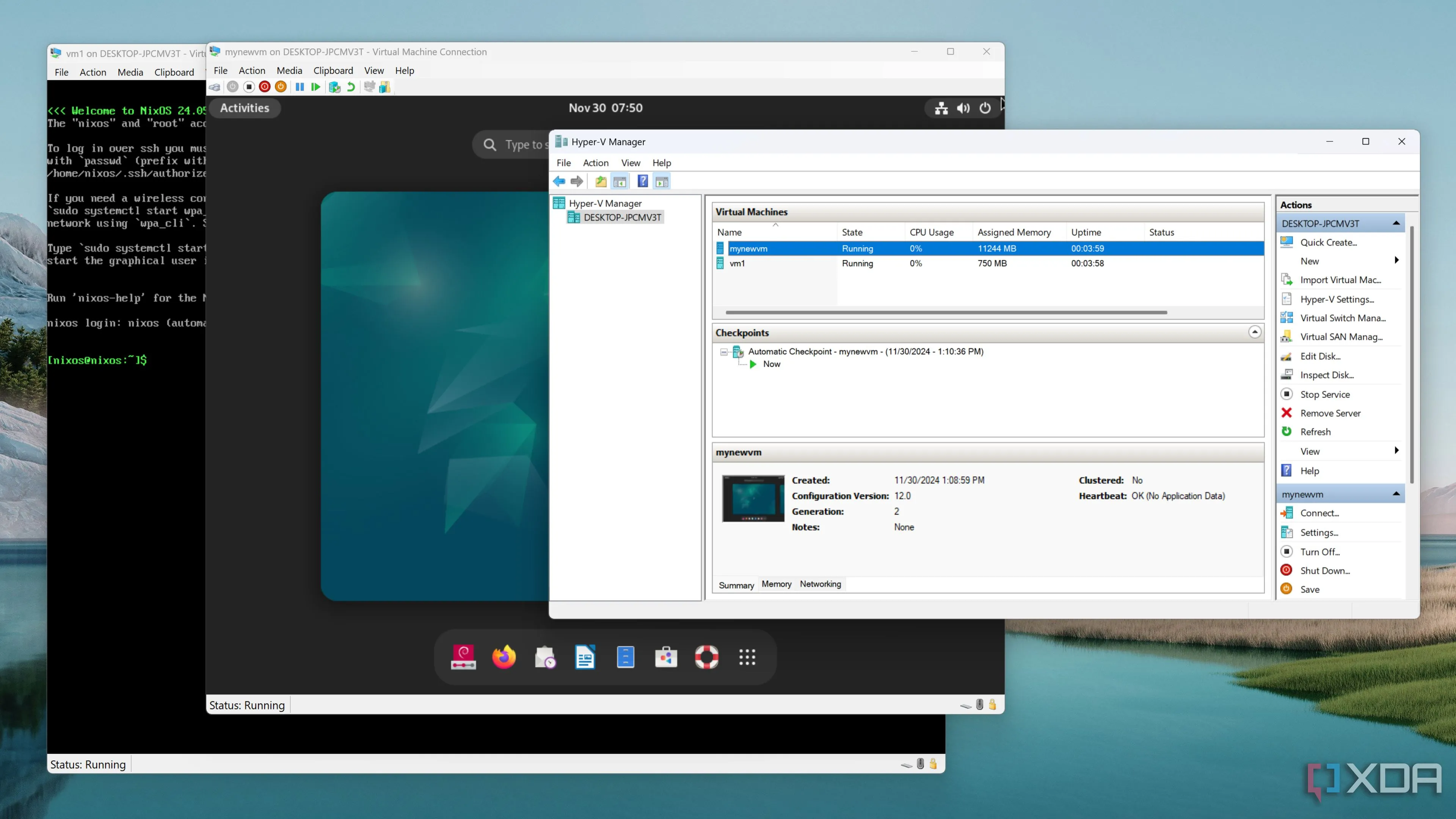 Hai máy ảo Linux NixOS và Debian đang hoạt động trên Hyper-V