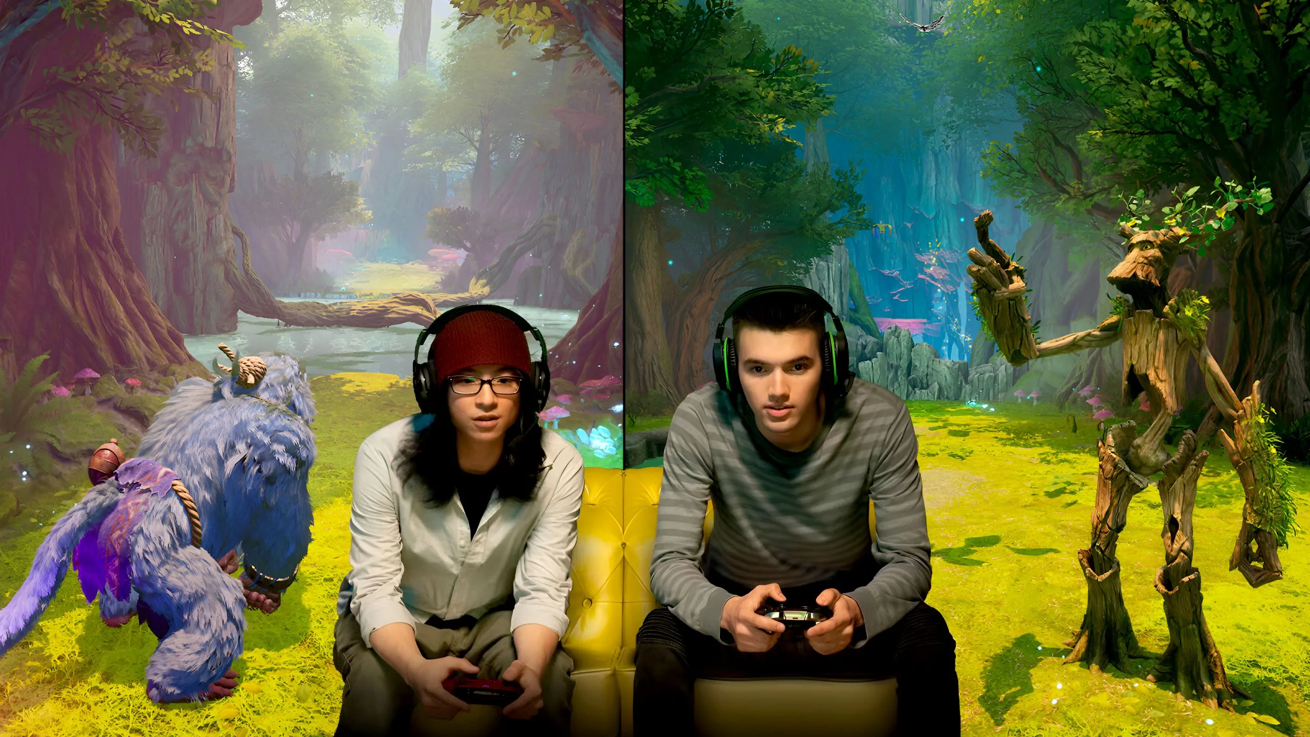 Hai người chơi cùng nhau trên ghế sofa, minh họa cho trải nghiệm chơi game co-op thú vị.