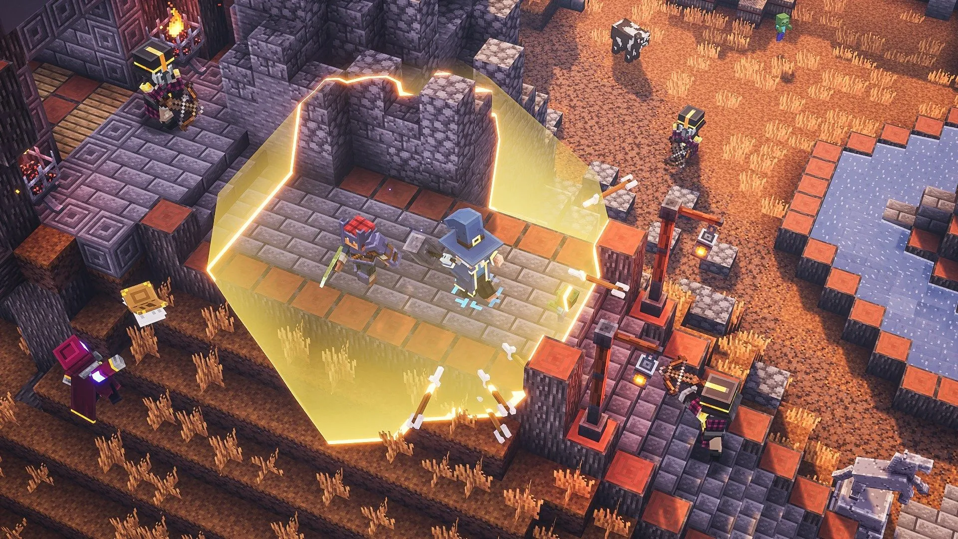 Hai người chơi phiêu lưu qua ngục tối lâu đài trong Minecraft Dungeons