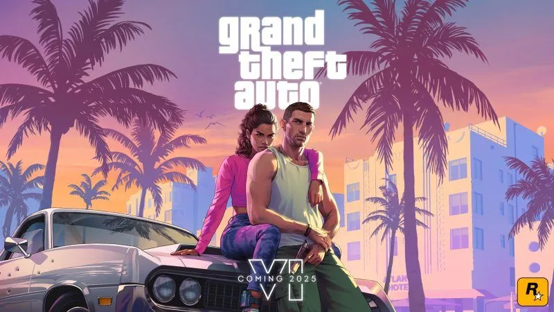 Hai nhân vật chính của Grand Theft Auto VI ngồi trên xe hơi trước hàng dừa, phản ánh chi phí sản xuất game AAA tăng cao.