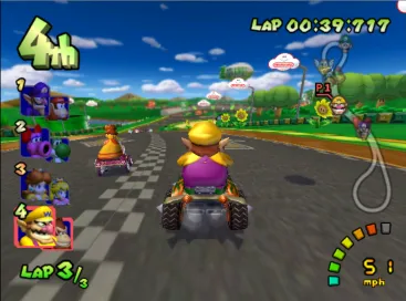 Hai nhân vật Mario Kart cùng ngồi trên một chiếc xe đua, thực hiện cú trượt để vượt đối thủ trong Mario Kart: Double Dash