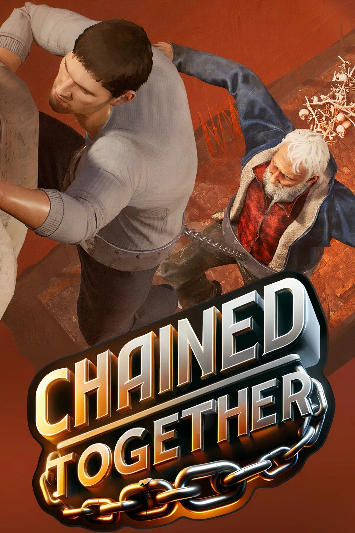 Hai nhân vật trong game Chained Together bị xích vào nhau, đang cố gắng vượt qua chướng ngại vật trong môi trường địa ngục, minh họa lối chơi co-op đầy thử thách.