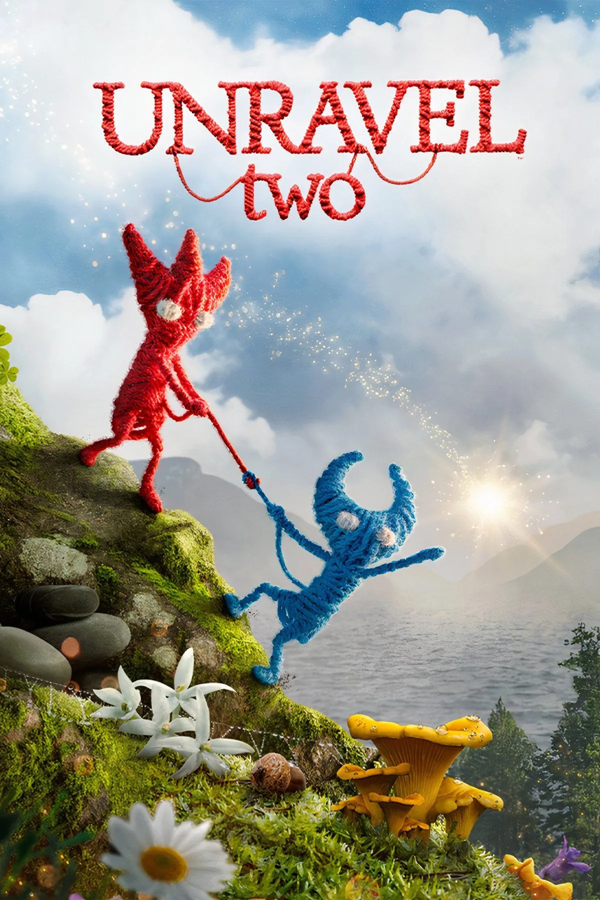 Hai nhân vật Yarny đỏ và xanh gắn kết vượt chướng ngại vật trong game phiêu lưu Unravel Two.
