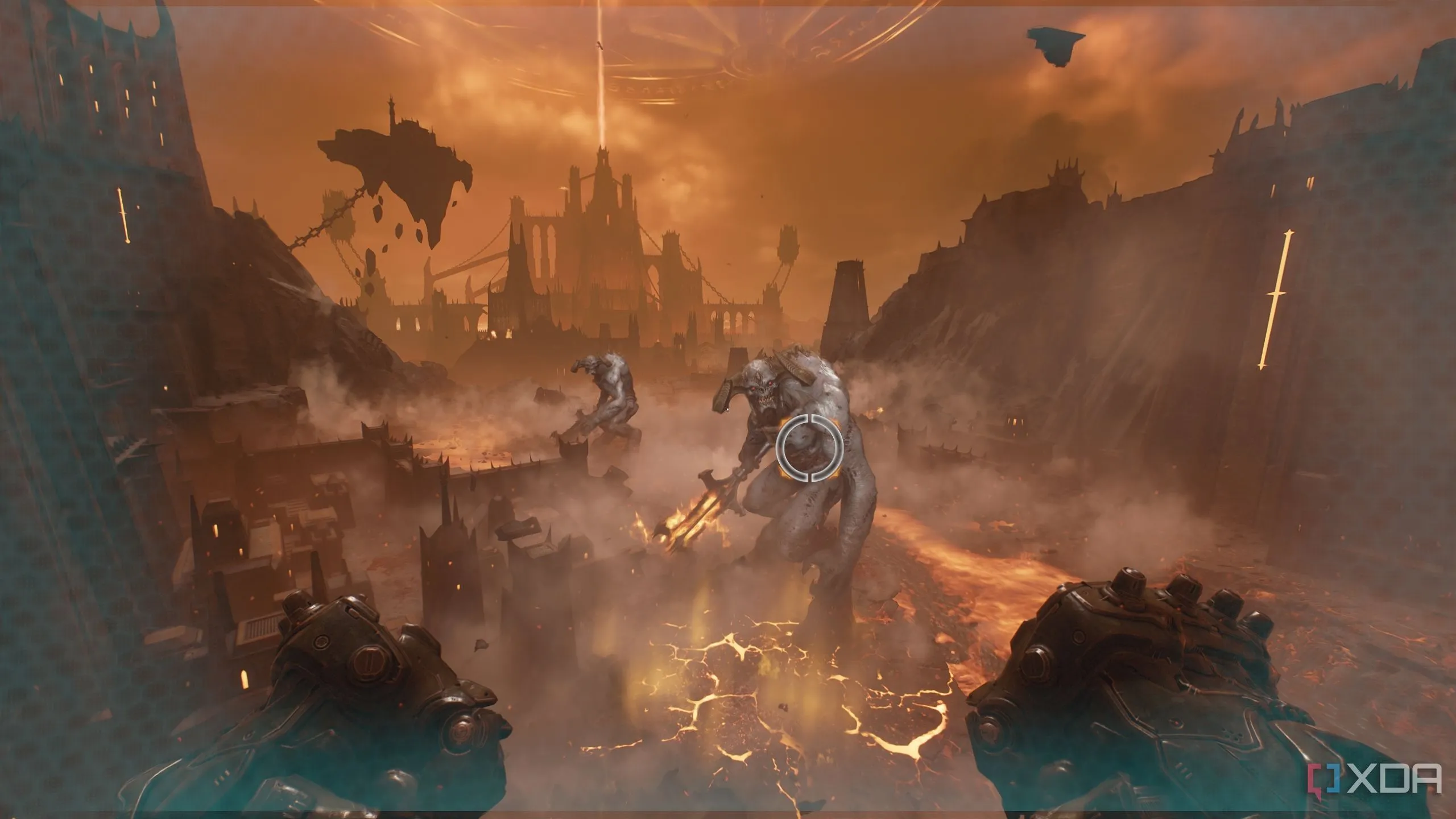 Hai Titan xếp hàng ngay ngắn, cơ hội hoàn hảo để thực hiện cú giậm gây sát thương kép trong Doom The Dark Ages Chương 11.