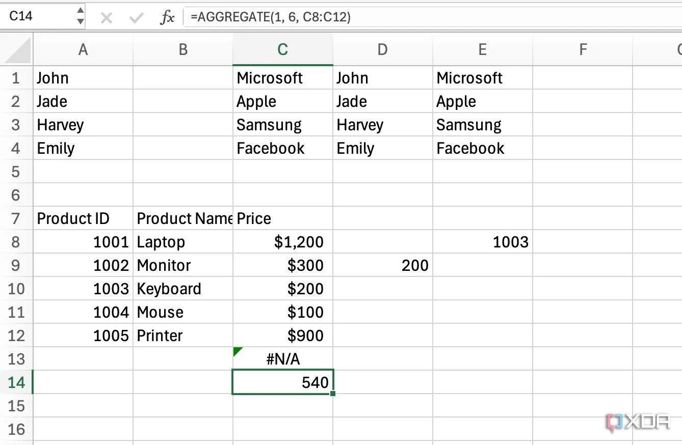 Hàm AGGREGATE trong Excel bỏ qua lỗi khi tính toán