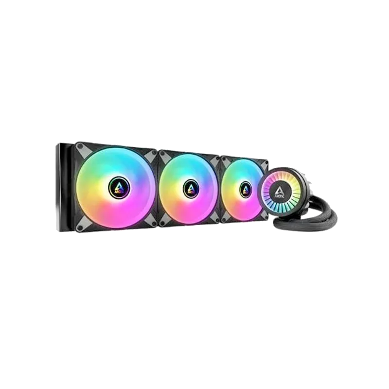 Hệ thống tản nhiệt nước AIO Arctic Liquid Freezer III 420 A-RGB màu đen, nổi bật với quạt lớn và block CPU tích hợp quạt VRM