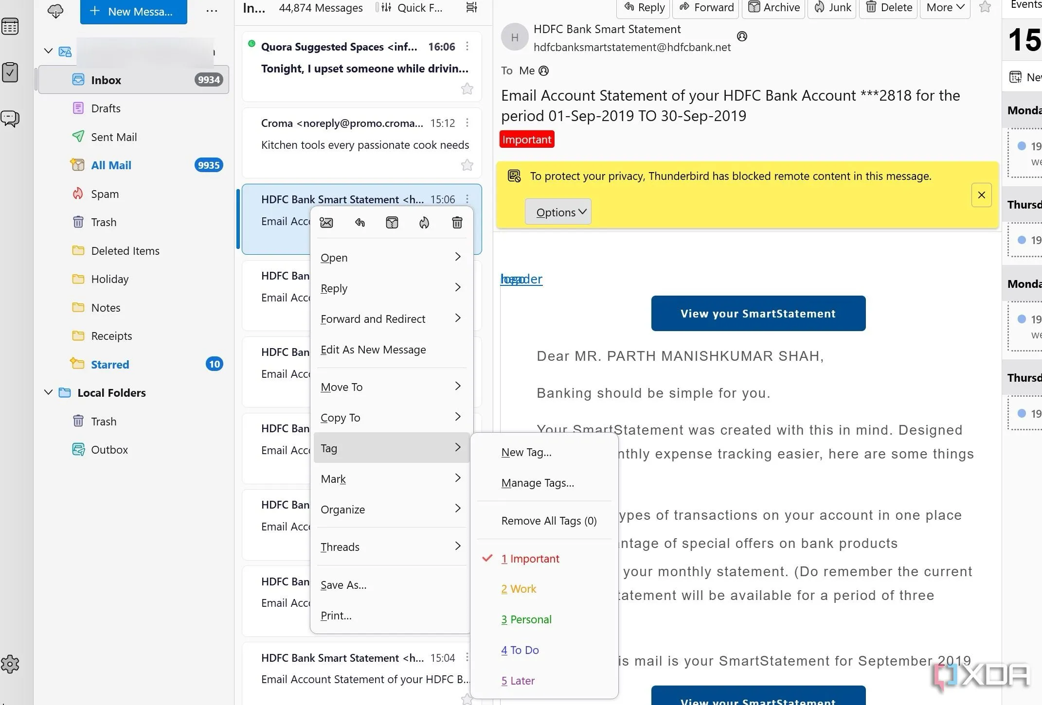 Hệ thống thẻ (tags) tùy chỉnh với màu sắc khác nhau trong Thunderbird để quản lý email