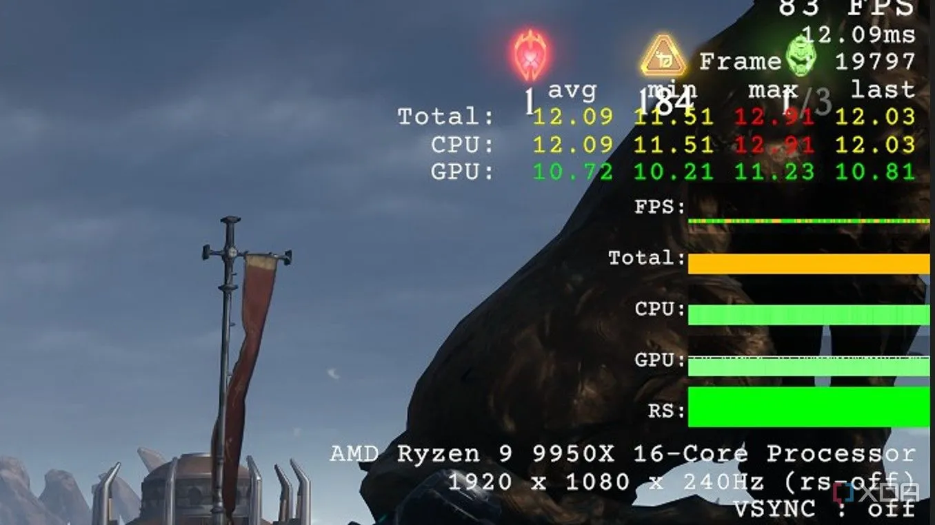 Hiển thị overlay hiệu suất trong Doom The Dark Ages trên RTX 4060, cho thấy dấu hiệu thắt cổ chai CPU
