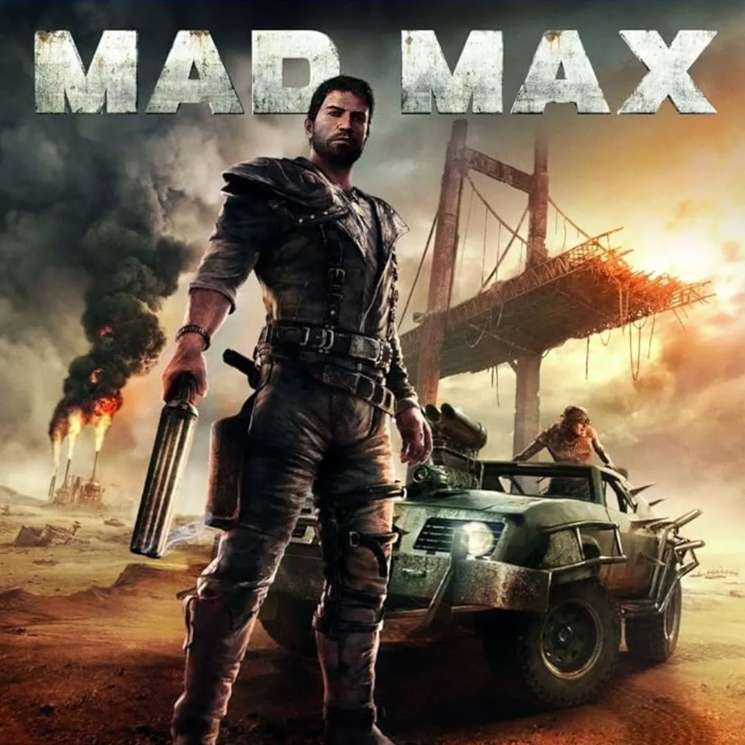 Hình ảnh bìa của game Mad Max, thể hiện không khí hậu tận thế với nhân vật chính và chiếc xe đặc trưng trong vùng đất hoang vắng.
