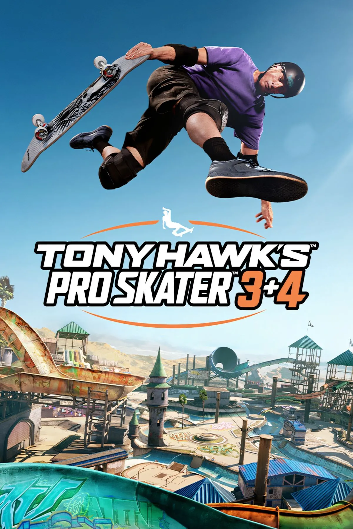 Hình ảnh bìa của Tony Hawk's Pro Skater 3 + 4 với biểu tượng logo và hai nhân vật trượt ván