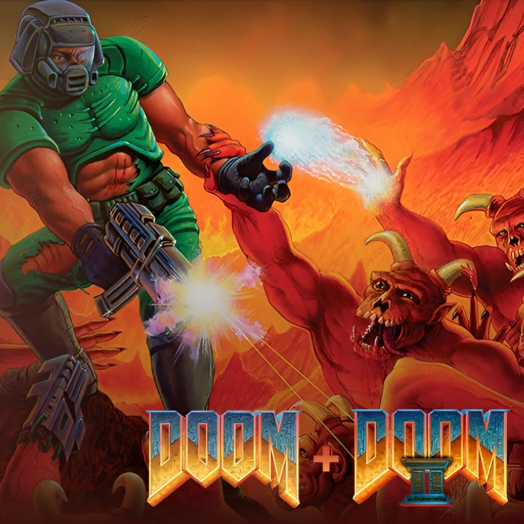 Hình ảnh bìa game DOOM + DOOM II, biểu tượng của thể loại bắn súng góc nhìn thứ nhất (FPS) đã tạo ra một cuộc cách mạng trong làng game.