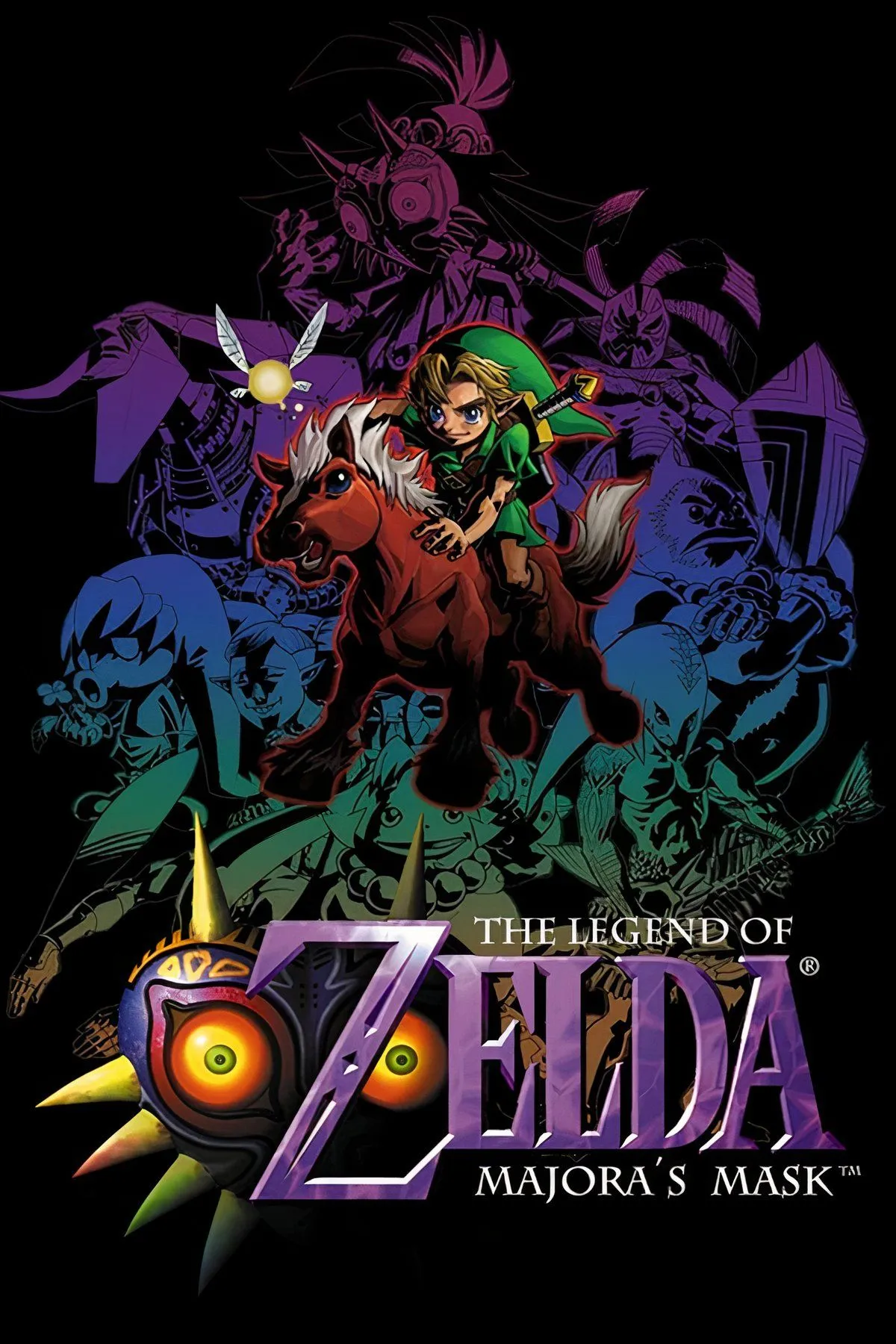 Hình ảnh bìa game The Legend of Zelda: Majora's Mask với Link và mặt nạ Majora