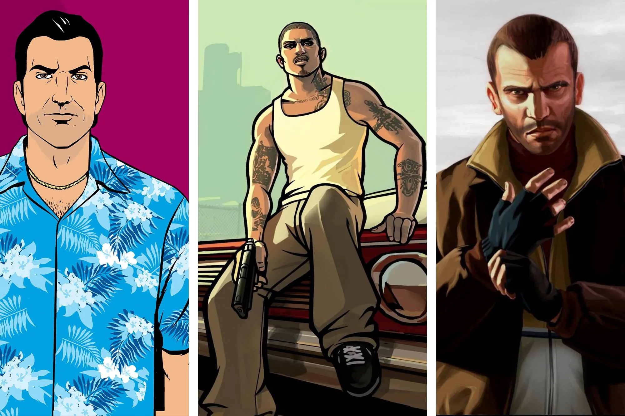 Hình ảnh các nhân vật chính nổi bật từ series Grand Theft Auto, đại diện cho các bản DLC cốt truyện tiềm năng