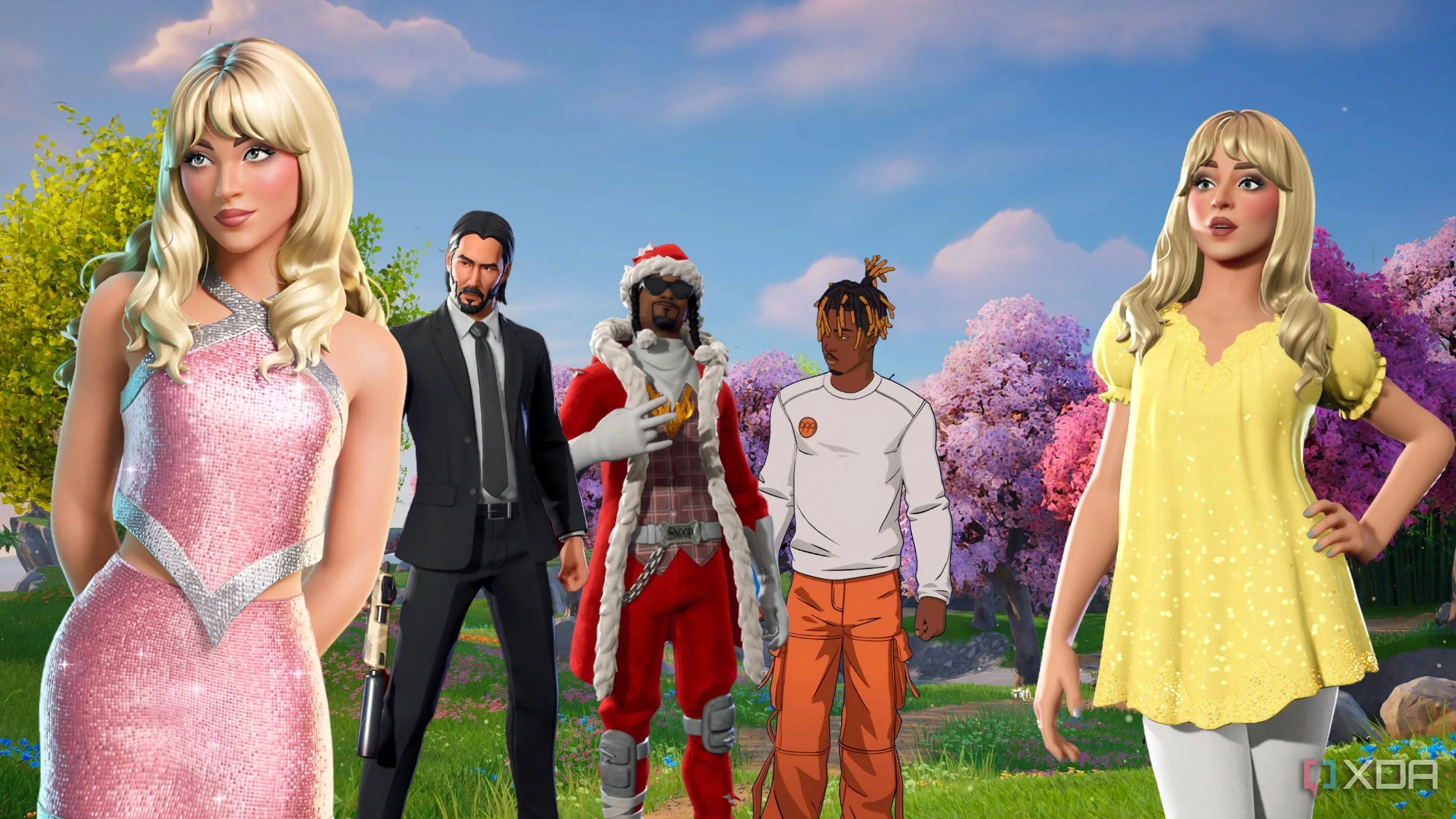 Hình ảnh các skin nhân vật người nổi tiếng (Sabrina Carpenter, Keanu Reeves, Snoop Dogg, Juice Wrld) trong game Fortnite, đại diện cho nội dung và giao dịch mua trong ứng dụng.