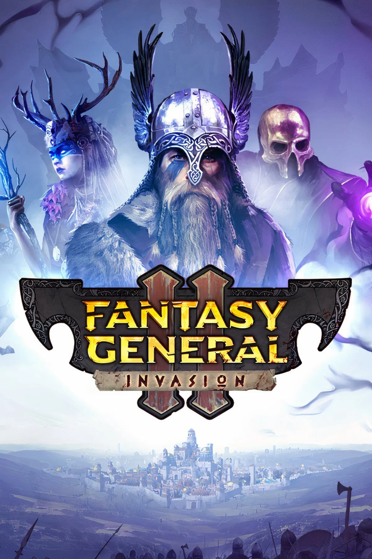 Hình ảnh chiến trường và logo game Fantasy General II: Invasion, game chiến thuật đang miễn phí trên Steam.