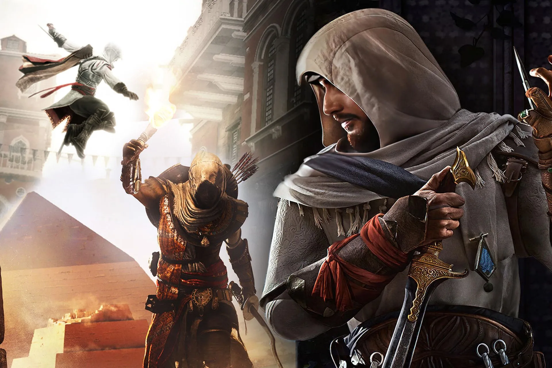 Hình ảnh collage các nhân vật tiêu biểu trong Assassin's Creed: Basim, Bayek và Ezio, đại diện cho các thời kỳ phát triển của dòng game.