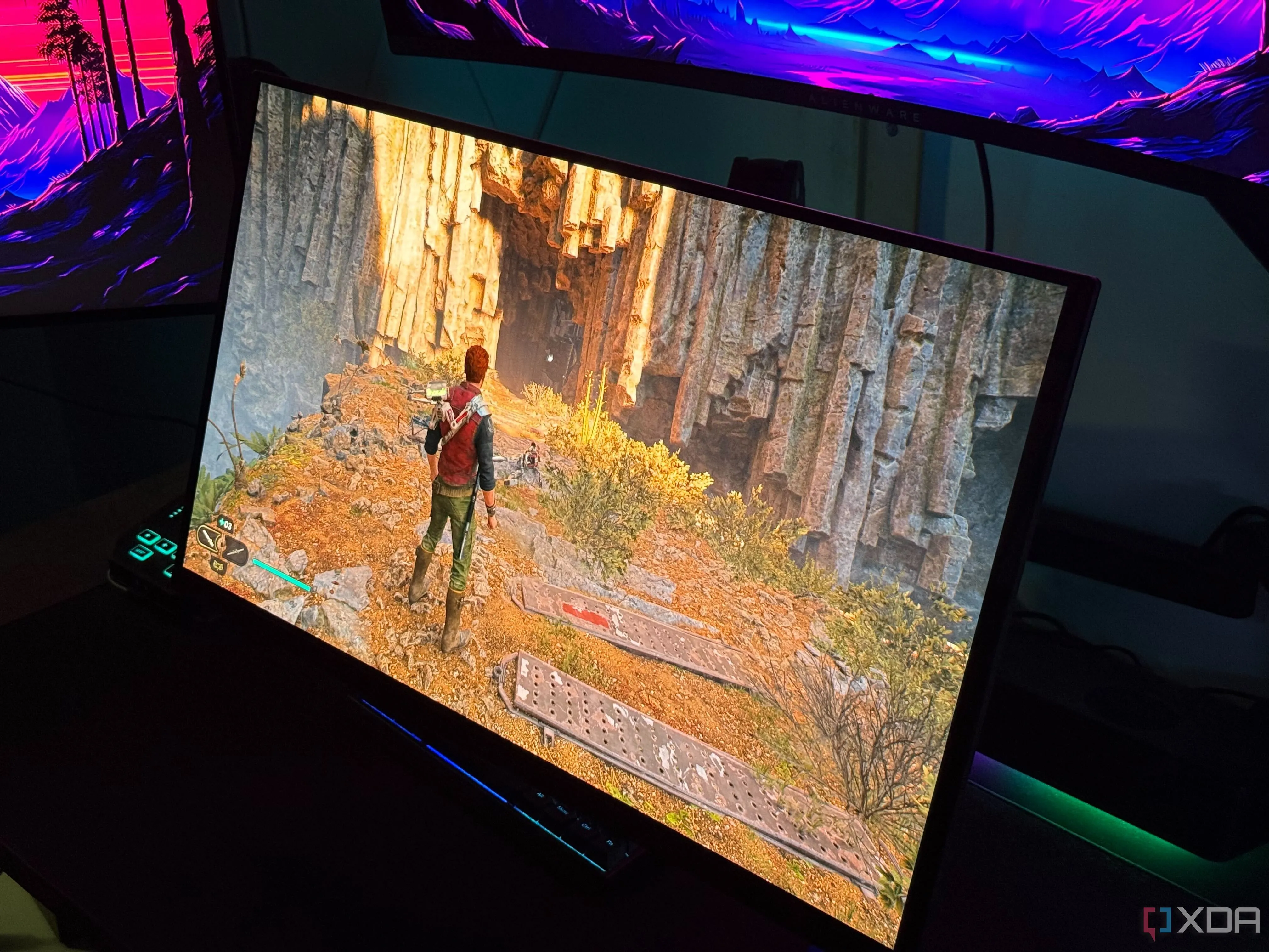 Hình ảnh game Star Wars Jedi Survivor hiển thị trên màn hình chơi game OLED, minh họa các lỗi hình ảnh DLSS như ghosting