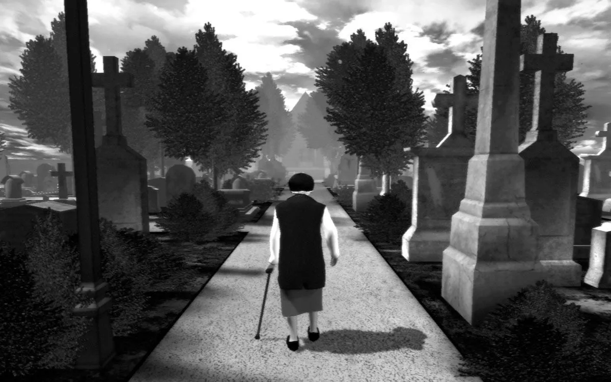 hình ảnh gameplay của game The Graveyard với bà cụ trên nghĩa địa