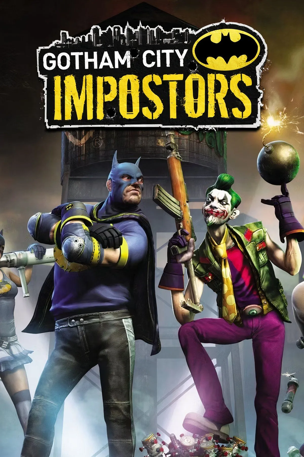 Hình ảnh gameplay của Gotham City Impostors với các nhân vật mặc trang phục Batman và Joker chiến đấu.