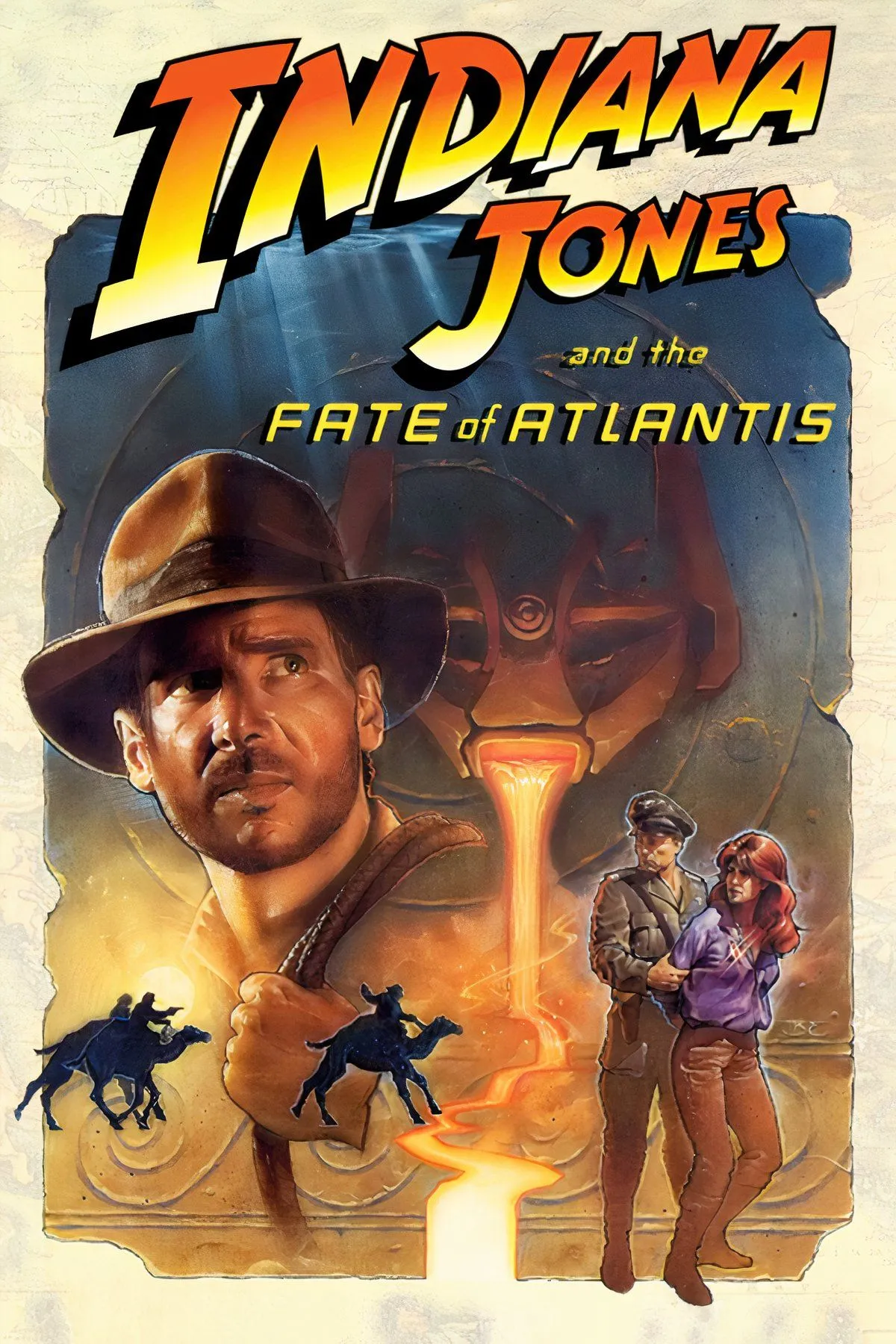 Hình ảnh gameplay của Indiana Jones and the Fate of Atlantis, tựa game phiêu lưu point-and-click huyền thoại của LucasArts trên DOS với các câu đố phức tạp.