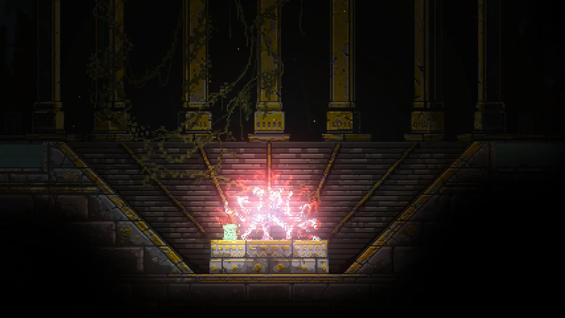 Hình ảnh gameplay của Noita, game roguelite với đồ họa pixel và hệ thống vật lý độc đáo, nơi các yếu tố môi trường tương tác linh hoạt.