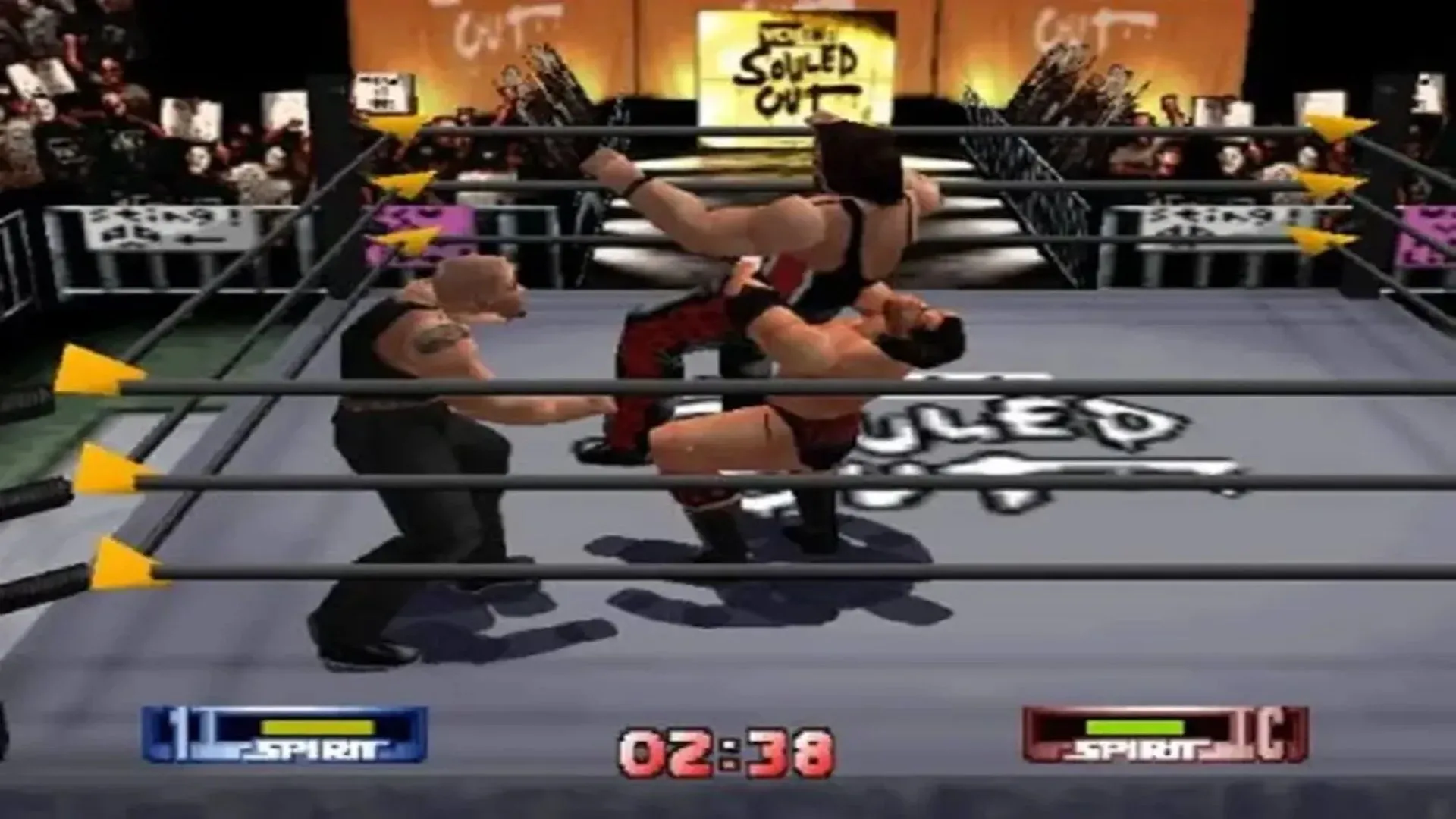 Hình ảnh gameplay đặc trưng của WCW/nWo Revenge trên Nintendo 64 với hai đô vật đang vật lộn trong sàn đấu