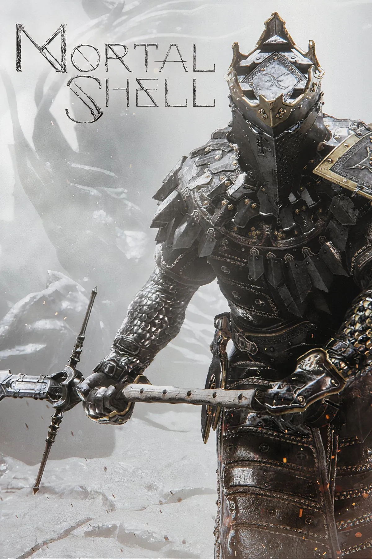 Hình ảnh gameplay Mortal Shell, mô tả một chiến binh với áo giáp và vũ khí đối mặt kẻ thù