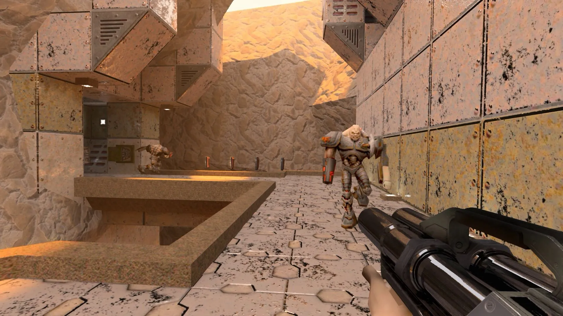 Hình ảnh gameplay Quake II RTX với đồ họa được nâng cấp nhờ ray tracing, thể hiện sự phát triển của công nghệ game 3D