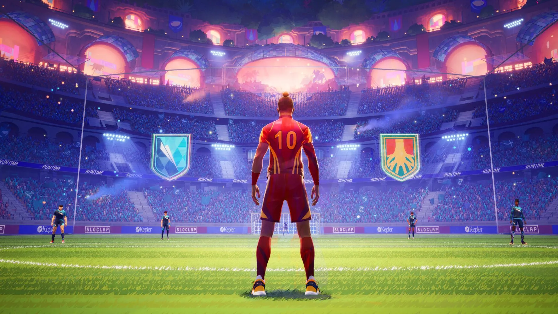 Hình ảnh gameplay Rematch với hai cầu thủ đang phối hợp chuyền bóng trên sân, minh họa tinh thần đồng đội trong game.