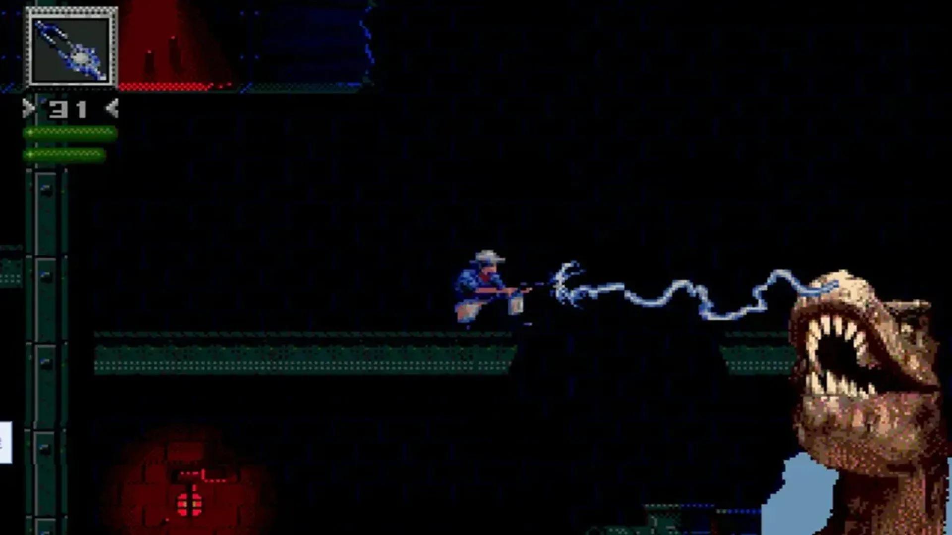 Hình ảnh gameplay từ Jurassic Park trên Sega Genesis, Tiến sĩ Grant đang đối mặt với khủng long bạo chúa.