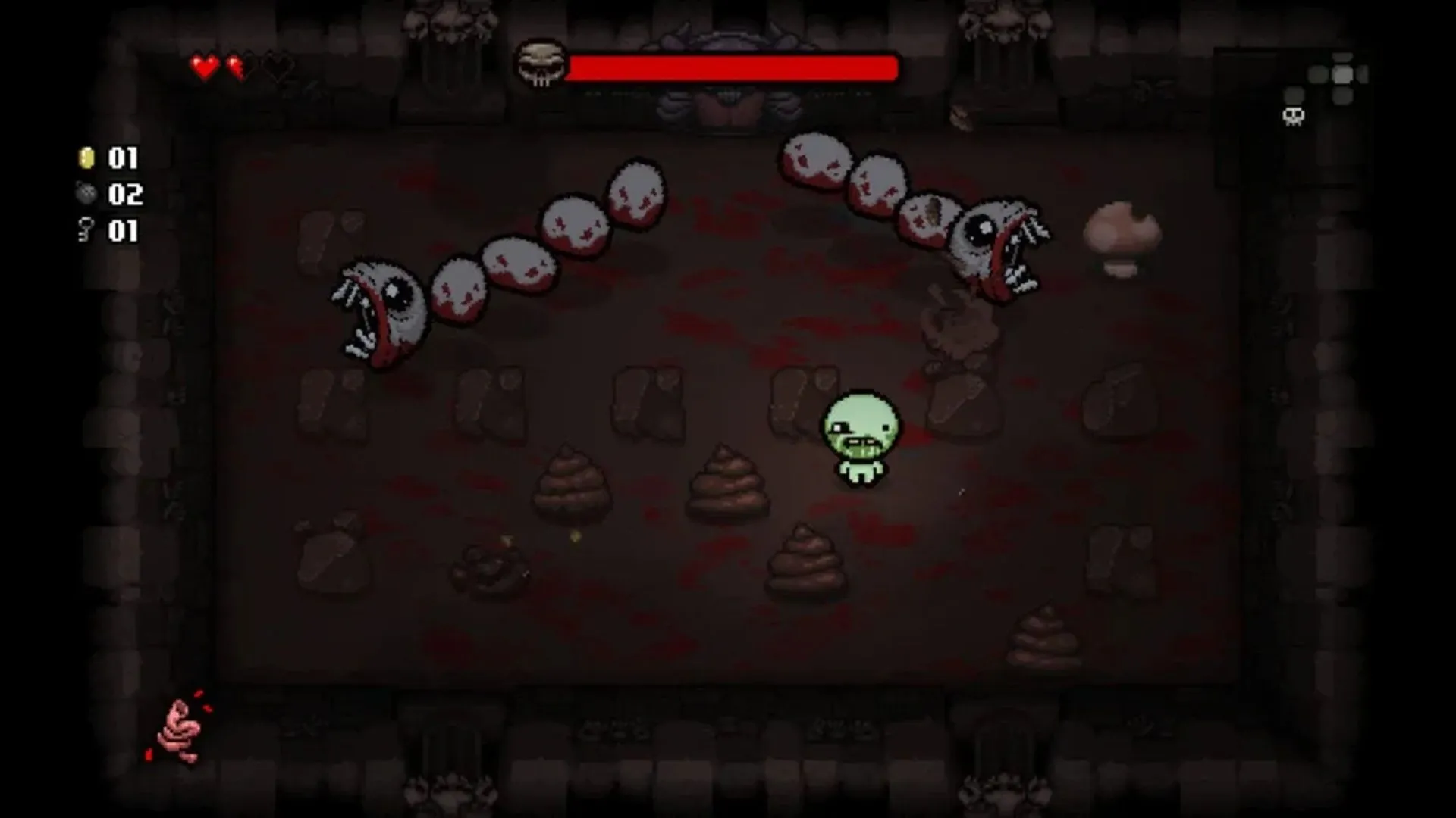 Hình ảnh gameplay từ The Binding of Isaac Rebirth, với nhân vật Isaac đang chiến đấu trong hầm ngục u ám, hiển thị phong cách nghệ thuật độc đáo và yếu tố roguelike.